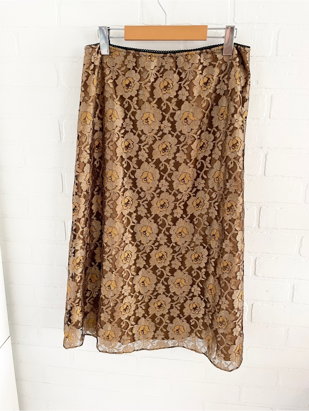 Vintage Y2K Metallic Rose Lace Midi Skirt Romantic Statement Sz L - Picture 3 of 15